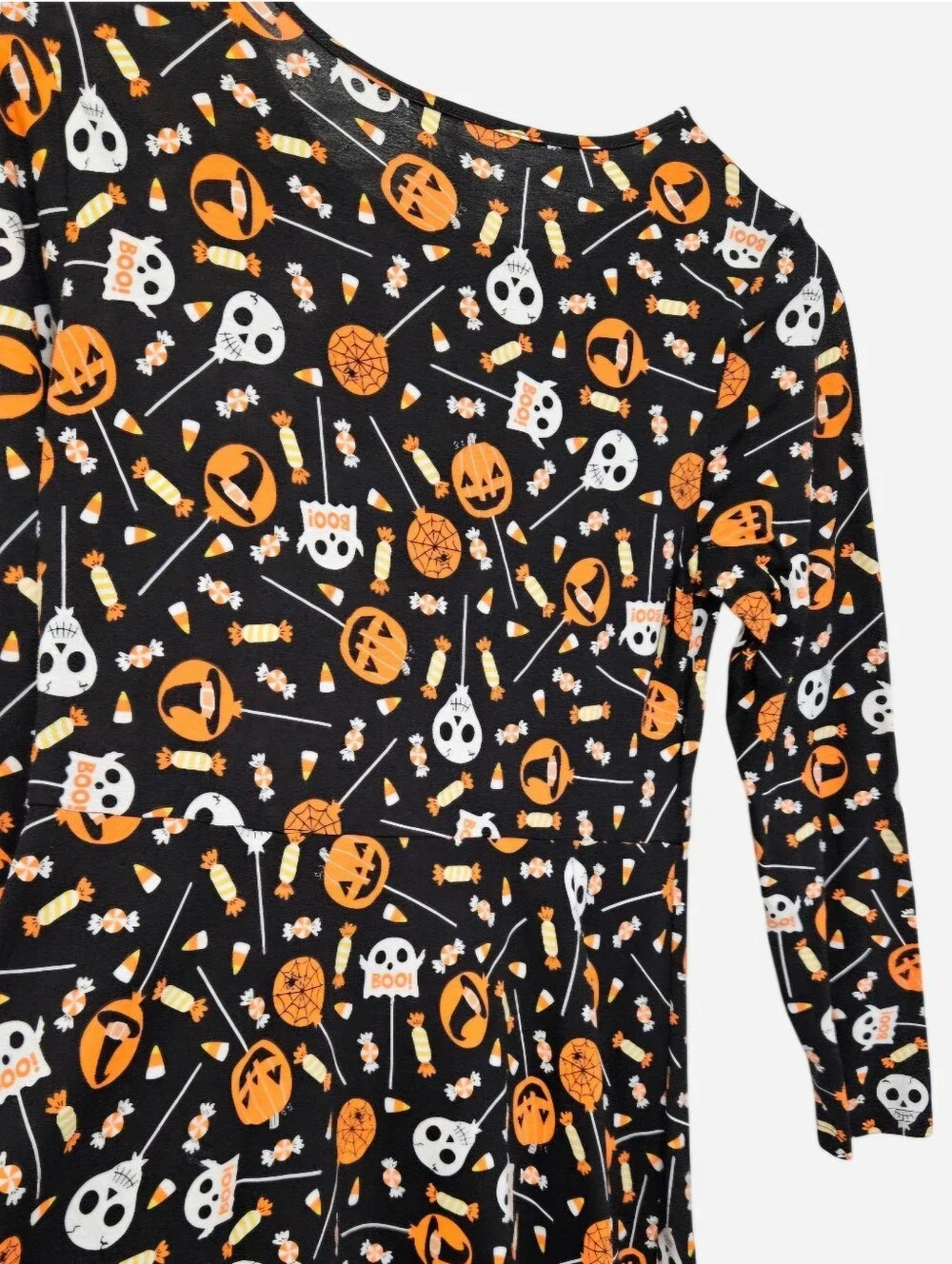 Halloween long sleeve dress orange & white skulls & bats black background, GIRLS